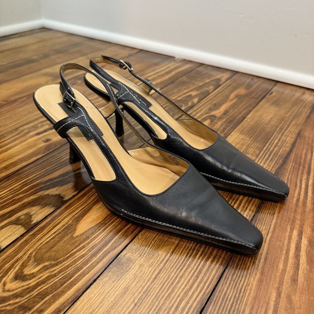Vintage David Aaron Black Leather Slingback Kitten Heels, Pointed Square Toe